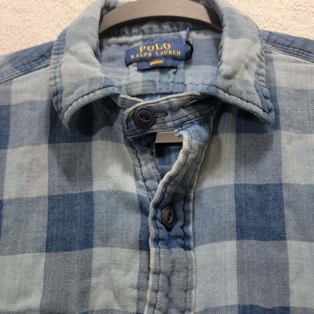 Polo Ralph‎ Lauren Indigo Blue Buffalo Plaid Double Face Flannel Shirt Mens M